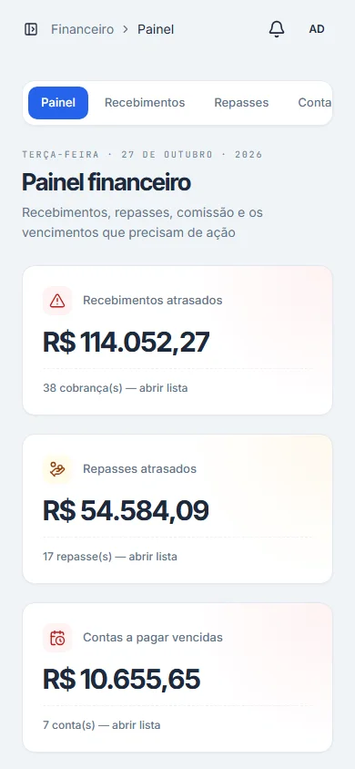 Painel financeiro do Alug.IA aberto no celular