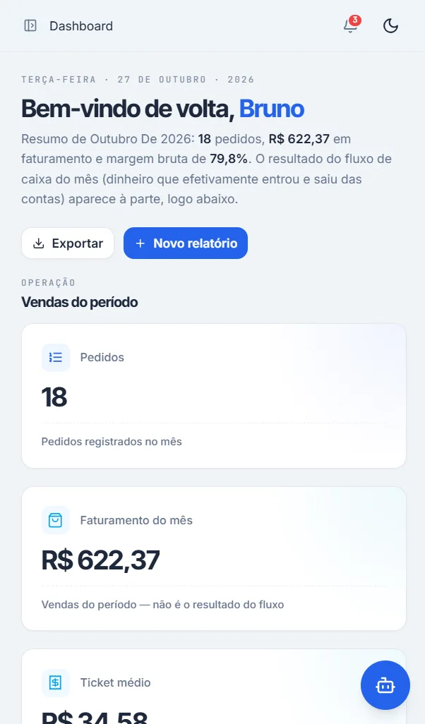 Painel do e2a Foods aberto no celular