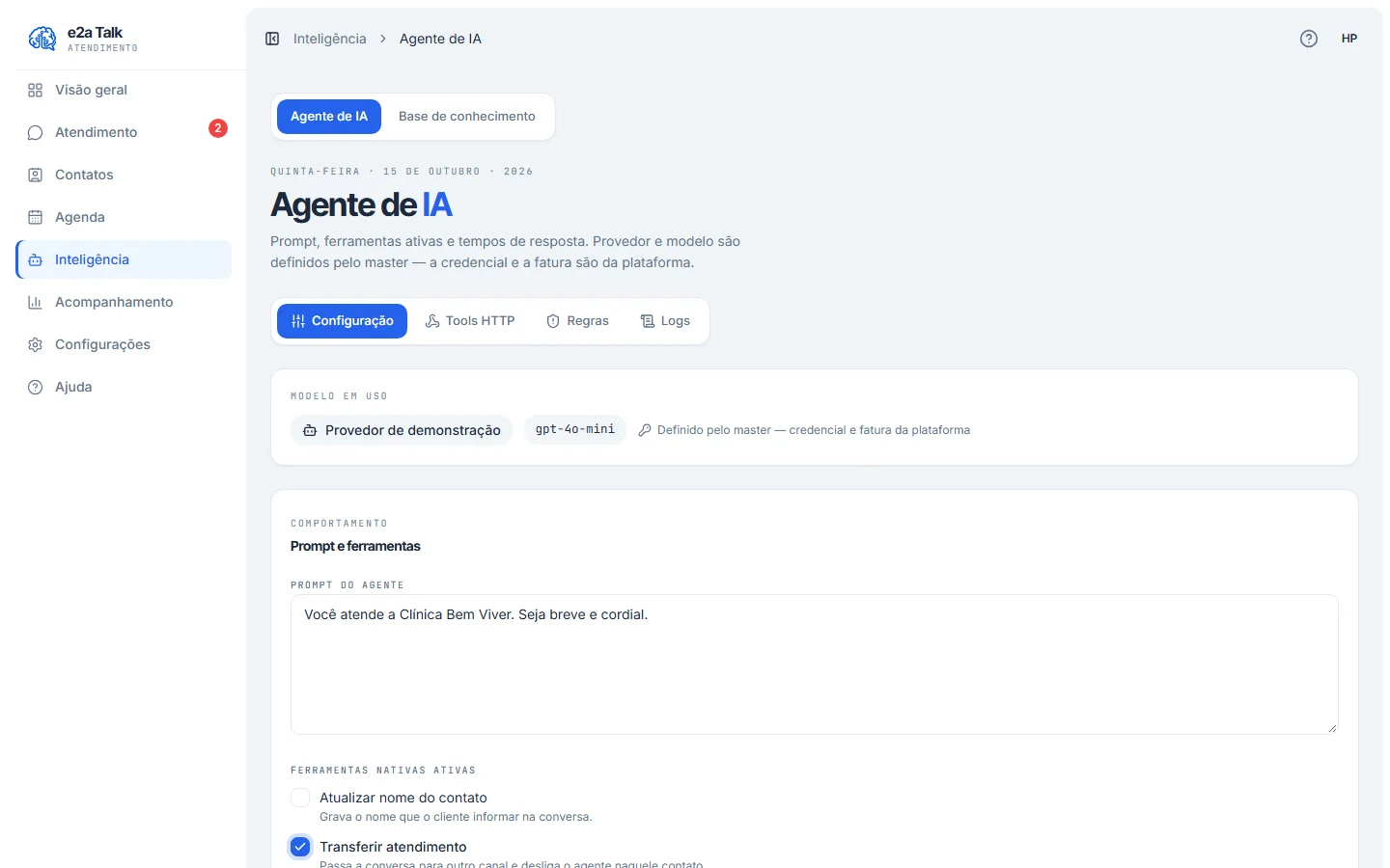 Configuração do agente de IA no E2A Talk, com prompt, ferramentas e regras